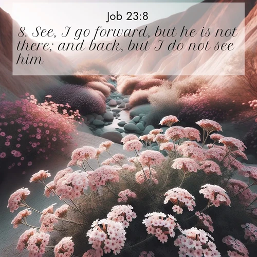 BasicEnglish Job  ; image nature: image with the bible verse :See, I go forward, but he is not there; and back, but I do not see him; ; Browse a large collection of Bible verse images with photos showcasing the splendor of nature. Scenes of peaceful rivers, verdant valleys, and radiant skies enhance the inspiring verses. Each image reflects the serenity and joy of God&#039;s creation, with elegant text fonts. Download and share verses such as KJV Job 23:8. Current verse is overlayed with the thematic nature scene : Desert verbena blooms in hidden washes. Flash floods carved these secret gardens. ; 23:8