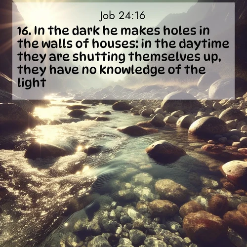 BasicEnglish Job  ; image nature: image with the bible verse :In the dark he makes holes in the walls of houses: in the daytime they are shutting themselves up, they have no knowledge of the light. ; Explore a unique collection of Bible verses illustrated by winter landscapes, such as snowy mountains, frosty forests, and starry skies. These images capture the peace and beauty of winter. Share verses like KJV Job 24:16. Current verse is overlayed with the thematic nature scene : Mountain streams sing ancient songs. Sunlight dances through clear pools. ; 24:16