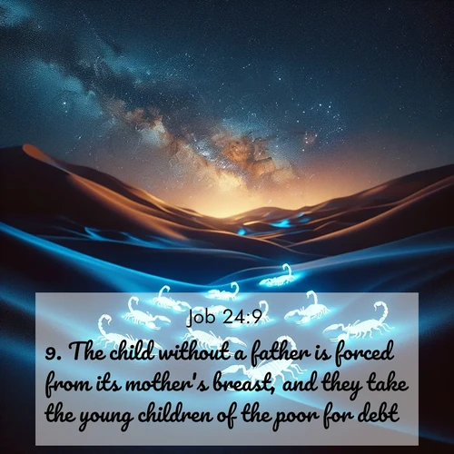 BasicEnglish Job  ; image nature: image with the bible verse :The child without a father is forced from its mother&#039;s breast, and they take the young children of the poor for debt. ; Browse beautiful Bible verse images accompanied by peaceful scenes like calm seas, ancient forests, and radiant horizons. Download high-quality, free images featuring verses such as KJV Job 24:9. Current verse is overlayed with the thematic nature scene : Desert scorpions glow under black light. Stars wheel in infinite darkness. ; 24:9