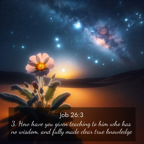 BasicEnglish Job  ; image nature: image with the bible verse :How have you given teaching to him who has no wisdom, and fully made clear true knowledge! ; Discover Bible images illustrated by desert landscapes, like sand dunes, majestic rocks, and starry skies. These images symbolize the grandeur and immensity of God&#039;s creation. Download verses like KJV Job 26:3. Current verse is overlayed with the thematic nature scene : Desert primrose opens to stars. Night wind carries sweet perfume. ; 26:3