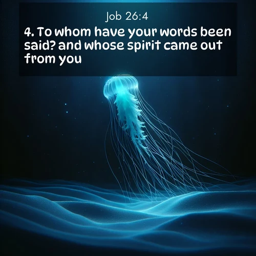 BasicEnglish Job  ; image nature: image with the bible verse :To whom have your words been said? and whose spirit came out from you? ; Download stunning Bible verse images paired with nature scenes like rolling clouds, sparkling waters, and vibrant flower fields. These free images are perfect for spiritual reflection or wallpaper use. Share KJV Job 26:4. Current verse is overlayed with the thematic nature scene : A lone jellyfish pulses through midnight waters. Its bioluminescent tendrils paint trails of azure light in the depths. ; 26:4