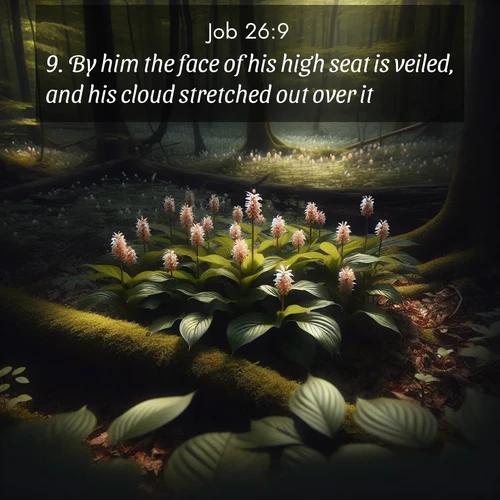 BasicEnglish Job  ; image nature: image with the bible verse :By him the face of his high seat is veiled, and his cloud stretched out over it. ; Discover Bible images illustrated by desert landscapes, like sand dunes, majestic rocks, and starry skies. These images symbolize the grandeur and immensity of God&#039;s creation. Download verses like KJV Job 26:9. Current verse is overlayed with the thematic nature scene : Wild ginger blooms hidden in forest shadows. Filtered sunlight reveals their secret beauty. ; 26:9