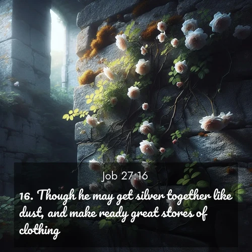 BasicEnglish Job  ; image nature: image with the bible verse :Though he may get silver together like dust, and make ready great stores of clothing; ; Admire Bible verse images capturing the beauty of beaches, with turquoise waters, palm trees, and peaceful shores. These soothing scenes reflect God&#039;s serenity and majesty. Download and share verses like KJV Job 27:16. Current verse is overlayed with the thematic nature scene : Wild roses climb abandoned stone walls. Time stands still in the secret garden. ; 27:16