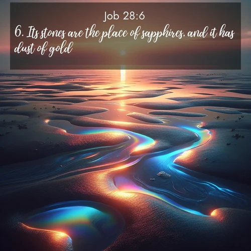 BBE Job 28:6 overlaying nature image scene: Tidal pools reflect sunset colors at low tide.;6. Its stones are the place of sapphires, and it has dust of gold.