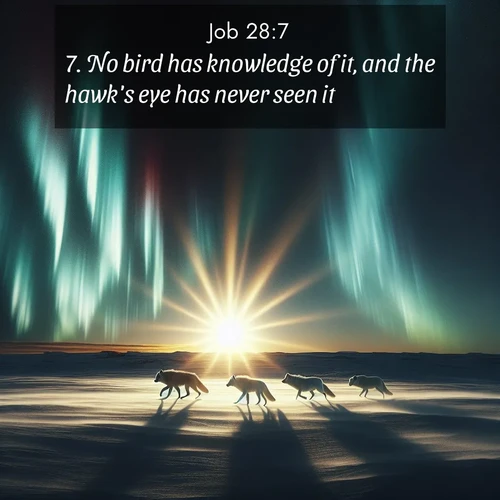 BBE Job 28:7 overlaying nature image scene: Arctic wolves traverse windswept tundra. Northern lights paint their fur in shifting colors.;7. No bird has knowledge of it, and the hawk's eye has never seen it.