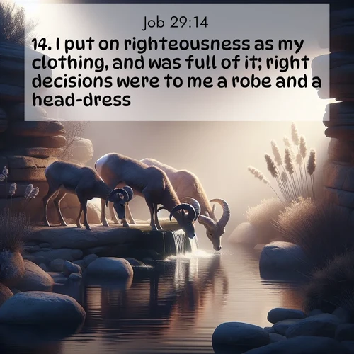 BasicEnglish Job  ; image nature: image with the bible verse :I put on righteousness as my clothing, and was full of it; right decisions were to me a robe and a head-dress. ; Explore a collection of free Bible verse images paired with serene landscapes like golden beaches, verdant forests, and clear blue skies. Each image is ideal for desktop or phone wallpapers. Share verses like KJV Job 29:14. Current verse is overlayed with the thematic nature scene : Desert bighorns drink from hidden springs. Time flows like water through stone. ; 29:14