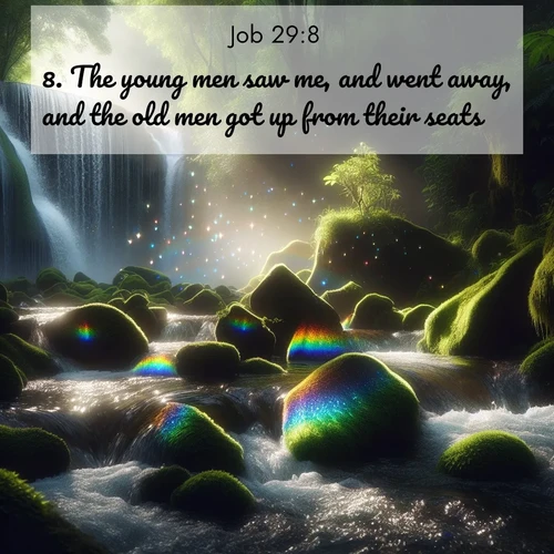 BasicEnglish Job  ; image nature: image with the bible verse :The young men saw me, and went away, and the old men got up from their seats; ; Explore a stunning collection of Bible verse images featuring picturesque scenery like sun-drenched meadows, tranquil lakes, and majestic forests. All images are free to download and share. Verses include KJV Job 29:8. Current verse is overlayed with the thematic nature scene : Rainbow prisms dance in a waterfall&#039;s spray. Moss glows emerald in filtered light. ; 29:8