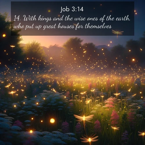 BasicEnglish Job  ; image nature: image with the bible verse :With kings and the wise ones of the earth, who put up great houses for themselves; ; Discover Bible images adorned with spring landscapes, like tulip fields, cherry blossoms, and green hills. These bright scenes symbolize God&#039;s renewal and grace. Download verses like KJV Job 3:14. Current verse is overlayed with the thematic nature scene : Fireflies dance above a spring meadow filled with singing crickets. ; 3:14