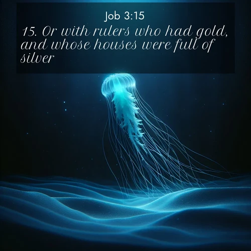 BasicEnglish Job  ; image nature: image with the bible verse :Or with rulers who had gold, and whose houses were full of silver; ; Download inspiring Bible verse images featuring stunning natural vistas, from tropical islands to rolling hills. These free images make perfect wallpapers or gifts. Share verses like KJV Job 3:15. Current verse is overlayed with the thematic nature scene : A lone jellyfish pulses through midnight waters. Its bioluminescent tendrils paint trails of azure light in the depths. ; 3:15