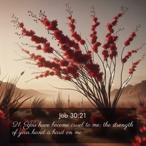 BasicEnglish Job  ; image nature: image with the bible verse :You have become cruel to me; the strength of your hand is hard on me. ; Explore our gallery of inspiring Bible verse images showcasing divine beauty through nature. Download scenic images like snowy peaks, lush meadows, or radiant sunsets paired with verses like KJV Job 30:21. Current verse is overlayed with the thematic nature scene : Desert ocotillo flames crimson red. Wind sings through thorny branches. ; 30:21