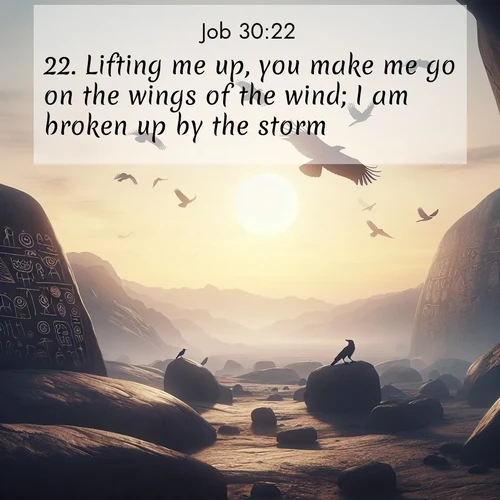BasicEnglish Job  ; image nature: image with the bible verse :Lifting me up, you make me go on the wings of the wind; I am broken up by the storm. ; Browse Bible images illustrated by desert landscapes, with endless skies, golden dunes, and isolated palm trees. These images evoke the calm and grandeur of God&#039;s creation. Download inspiring verses like KJV Job 30:22. Current verse is overlayed with the thematic nature scene : Desert petroglyphs tell ancient stories. Ravens soar past wearing shadows for wings. ; 30:22