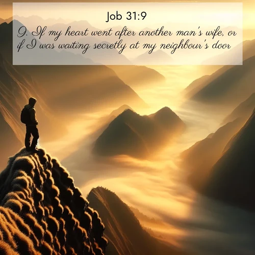 BasicEnglish Job  ; image nature: image with the bible verse :If my heart went after another man&#039;s wife, or if I was waiting secretly at my neighbour&#039;s door; ; Discover beautiful Bible verse images that combine inspiring scripture with captivating nature photos. Download high-quality images featuring lush valleys, peaceful streams, and endless horizons like KJV Job 31:9. Current verse is overlayed with the thematic nature scene : A solitary climber watches sunrise from a knife-edge ridge. Golden light spills into valleys of morning mist. ; 31:9