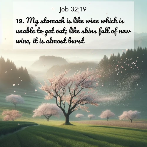 BasicEnglish Job  ; image nature: image with the bible verse :My stomach is like wine which is unable to get out; like skins full of new wine, it is almost burst. ; Explore an inspiring selection of Bible verse images adorned with nature photos, such as starry skies, verdant hills, and golden beaches. Each image reflects the peace and beauty of God&#039;s creation with vibrant colors and varied fonts. Share uplifting verses like KJV Job 32:19. Current verse is overlayed with the thematic nature scene : Spring winds scatter cherry blossoms like snow. ; 32:19