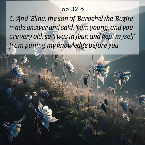 BasicEnglish Job  ; image nature: image with the bible verse :And Elihu, the son of Barachel the Buzite, made answer and said, I am young, and you are very old, so I was in fear, and kept myself from putting my knowledge before you. ; Discover breathtaking Bible verse images combined with vibrant landscapes like rolling hills, blooming gardens, and starry nights. Use them as wallpapers or to inspire others. Download verses like KJV Job 32:6. Current verse is overlayed with the thematic nature scene : Wild columbines dance on impossibly thin stems. Mountain breezes carry their perfume. ; 32:6