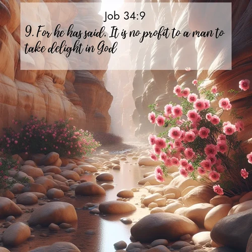 BasicEnglish Job  ; image nature: image with the bible verse :For he has said, It is no profit to a man to take delight in God. ; Explore beautiful Bible verse images paired with serene natural settings, such as calm seas, snowy paths, and verdant hills. Each image is free to download for your spiritual inspiration. Share KJV Job 34:9. Current verse is overlayed with the thematic nature scene : Desert roses bloom in a hidden canyon after rare rainfall. Their pink petals contrast against weathered sandstone walls. ; 34:9