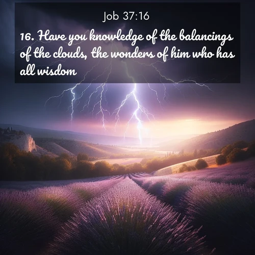 BasicEnglish Job  ; image nature: image with the bible verse :Have you knowledge of the balancings of the clouds, the wonders of him who has all wisdom? ; Browse a gallery of Bible verses paired with summer scenes, such as golden wheat fields, bright skies, and sunny beaches. These images convey the joy and warmth of God&#039;s creation. Download and share verses like KJV Job 37:16. Current verse is overlayed with the thematic nature scene : Lightning illuminates a field of lavender in the Provence countryside. Thunder rolls across the valley like distant drums. ; 37:16
