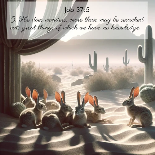BasicEnglish Job  ; image nature: image with the bible verse :He does wonders, more than may be searched out; great things of which we have no knowledge; ; Admire our gallery of Bible verse images showcasing divine beauty in nature—whether snowy peaks or serene oceans. Each image is freely downloadable and perfect for personal or spiritual use. Share verses like KJV Job 37:5. Current verse is overlayed with the thematic nature scene : Desert jackrabbits rest in cactus shade. Heat waves distort distant peaks. ; 37:5