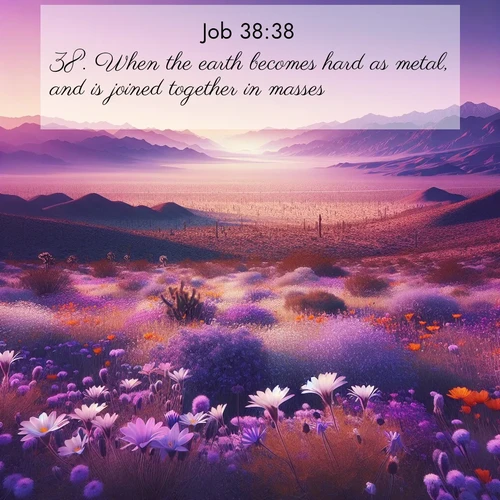 BasicEnglish Job  ; image nature: image with the bible verse :When the earth becomes hard as metal, and is joined together in masses? ; Explore winter-themed Bible verse images illustrated by snowy mountains, frost-covered branches, and clear skies. These landscapes reflect divine purity and peace. Download verses like KJV Job 38:38. Current verse is overlayed with the thematic nature scene : Desert wildflowers carpet Death Valley after winter rains. Mountains fade to purple on the horizon. ; 38:38
