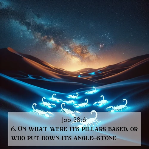 BasicEnglish Job  ; image nature: image with the bible verse :On what were its pillars based, or who put down its angle-stone, ; Discover Bible images capturing the splendor of deserts, with golden dunes, vast skies, and peaceful oases. These landscapes highlight the grandeur and serenity of God&#039;s creation. Share verses like KJV Job 38:6. Current verse is overlayed with the thematic nature scene : Desert scorpions glow under black light. Stars wheel in infinite darkness. ; 38:6
