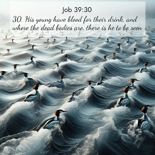 BasicEnglish Job  ; image nature: image with the bible verse :His young have blood for their drink, and where the dead bodies are, there is he to be seen. ; Explore beautiful Bible verse images paired with serene natural settings, such as calm seas, snowy paths, and verdant hills. Each image is free to download for your spiritual inspiration. Share KJV Job 39:30. Current verse is overlayed with the thematic nature scene : Wild mergansers ride river rapids. Their wakes create endless patterns. ; 39:30