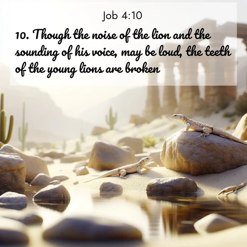 BasicEnglish Job  ; image nature: image with the bible verse :Though the noise of the lion and the sounding of his voice, may be loud, the teeth of the young lions are broken. ; Access a vast collection of Bible verse images illustrated with natural landscapes like calm rivers, blooming fields, and bright horizons. These images emphasize the serenity and splendor of God&#039;s creation, accompanied by aesthetic fonts and joyful colors. Download verses like KJV Job 4:10 and share them. Current verse is overlayed with the thematic nature scene : Desert lizards bask on sun-warmed rocks near ancient ruins. ; 4:10
