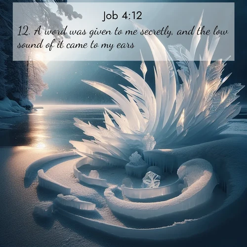 BasicEnglish Job  ; image nature: image with the bible verse :A word was given to me secretly, and the low sound of it came to my ears. ; Browse a vast collection of Bible verse images featuring awe-inspiring landscapes such as calm lakes, vibrant sunsets, and peaceful fields. Download them for free and enjoy verses like KJV Job 4:12. Current verse is overlayed with the thematic nature scene : Winter ice forms abstract sculptures along a lake shore. ; 4:12