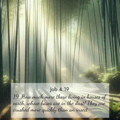 BasicEnglish Job  ; image nature: image with the bible verse :How much more those living in houses of earth, whose bases are in the dust! They are crushed more quickly than an insect; ; Explore a rich collection of Bible verse images beautifully illustrated by natural landscapes, such as colorful skies, towering mountains, and tranquil rivers. The images highlight the serenity of God&#039;s creation with vivid tones and carefully chosen typography. Download and share inspiring verses like KJV Job 4:19. Current verse is overlayed with the thematic nature scene : Bamboo forests cast striped shadows while a gentle rain patters on broad leaves. ; 4:19