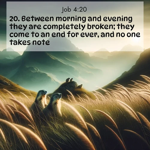 BasicEnglish Job  ; image nature: image with the bible verse :Between morning and evening they are completely broken; they come to an end for ever, and no one takes note. ; Browse our library of beautiful Bible verse images, perfect for wallpapers or sharing. Each verse is paired with serene natural landscapes like misty mountains, calming beaches, and colorful sunsets. Download and enjoy verses such as KJV Job 4:20. Current verse is overlayed with the thematic nature scene : Mountain meadow grasses bend in wind. Marmots whistle from rocky outcrops. ; 4:20