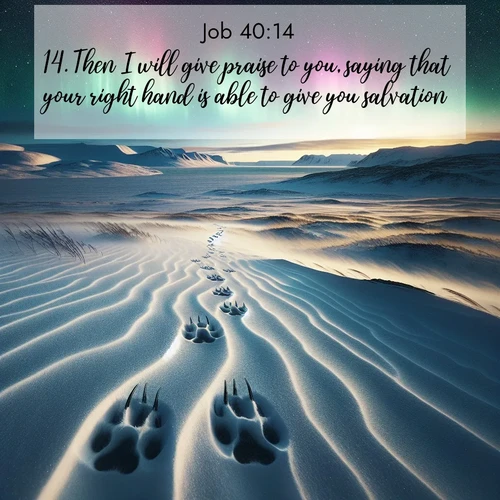 BasicEnglish Job  ; image nature: image with the bible verse :Then I will give praise to you, saying that your right hand is able to give you salvation. ; Discover a unique collection of Bible verses adorned with winter landscapes, such as snow-covered forests, gently falling snowflakes, and pristine mountains. These images evoke the peace and purity of God&#039;s creation. Share verses like KJV Job 40:14. Current verse is overlayed with the thematic nature scene : Arctic fox tracks cross windswept tundra. Northern lights pulse overhead in cosmic rhythm. ; 40:14