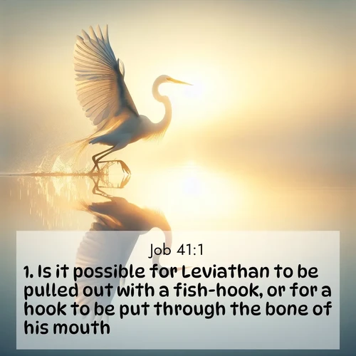 BasicEnglish Job  ; image nature: image with the bible verse :Is it possible for Leviathan to be pulled out with a fish-hook, or for a hook to be put through the bone of his mouth? ; Dive into our collection of Bible verses paired with coastal scenes, featuring calming waves, infinite beaches, and reflections of the sun on the water. These images evoke the peace and beauty of God. Share verses like KJV Job 41:1. Current verse is overlayed with the thematic nature scene : A great egret lifts from mirror-still water. Sunrise sets its wings ablaze. ; 41:1