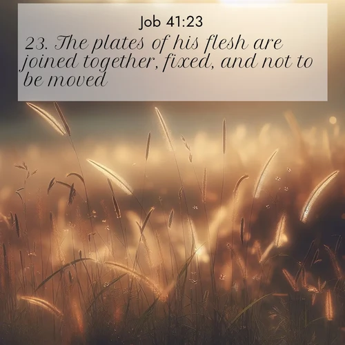 BasicEnglish Job  ; image nature: image with the bible verse :The plates of his flesh are joined together, fixed, and not to be moved. ; Browse Bible images illustrated by desert landscapes, with endless skies, golden dunes, and isolated palm trees. These images evoke the calm and grandeur of God&#039;s creation. Download inspiring verses like KJV Job 41:23. Current verse is overlayed with the thematic nature scene : Summer heat brings out cricket songs in meadow grass. ; 41:23