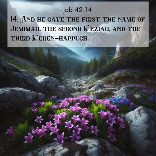BasicEnglish Job  ; image nature: image with the bible verse :And he gave the first the name of Jemimah, the second Keziah, and the third Keren-happuch; ; Explore our vast collection of images featuring beautifully illustrated Bible verses accompanied by nature photos. Discover inspiring and motivating verses paired with soothing landscapes, like shimmering lakes, majestic mountains, and lush forests. Our images highlight the peaceful beauty of God&#039;s creation with vibrant colors and varied fonts. Download and share verse images like KJV Job 42:14. Current verse is overlayed with the thematic nature scene : Alpine gentians bloom in rocky crevices. Summer storms gather above treeline. ; 42:14