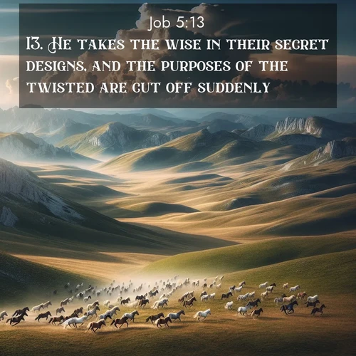 BasicEnglish Job  ; image nature: image with the bible verse :He takes the wise in their secret designs, and the purposes of the twisted are cut off suddenly. ; Browse beautiful Bible verse images accompanied by peaceful scenes like calm seas, ancient forests, and radiant horizons. Download high-quality, free images featuring verses such as KJV Job 5:13. Current verse is overlayed with the thematic nature scene : Wild horses gallop across a high mountain plateau. Storm clouds gather ominously on the horizon. ; 5:13
