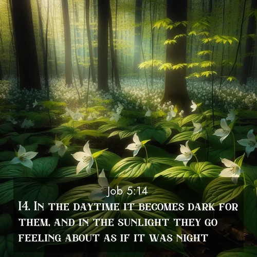 BasicEnglish Job  ; image nature: image with the bible verse :In the daytime it becomes dark for them, and in the sunlight they go feeling about as if it was night. ; Explore a rich collection of Bible verse images beautifully illustrated by natural landscapes, such as colorful skies, towering mountains, and tranquil rivers. The images highlight the serenity of God&#039;s creation with vivid tones and carefully chosen typography. Download and share inspiring verses like KJV Job 5:14. Current verse is overlayed with the thematic nature scene : Wild trillium carpets the forest floor. Sunlight filters green through new spring leaves. ; 5:14