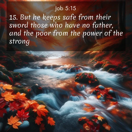 BasicEnglish Job  ; image nature: image with the bible verse :But he keeps safe from their sword those who have no father, and the poor from the power of the strong. ; Explore Bible verses paired with beach photos, where waves gently crash on the sand and the sky glows with pastel hues at sunset. These scenes convey deep serenity. Download verses like KJV Job 5:15. Current verse is overlayed with the thematic nature scene : Autumn leaves swirl in eddies along a mountain stream. ; 5:15