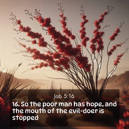BasicEnglish Job  ; image nature: image with the bible verse :So the poor man has hope, and the mouth of the evil-doer is stopped. ; Explore a rich collection of Bible verse images beautifully illustrated by natural landscapes, such as colorful skies, towering mountains, and tranquil rivers. The images highlight the serenity of God&#039;s creation with vivid tones and carefully chosen typography. Download and share inspiring verses like KJV Job 5:16. Current verse is overlayed with the thematic nature scene : Desert ocotillo flames crimson red. Wind sings through thorny branches. ; 5:16