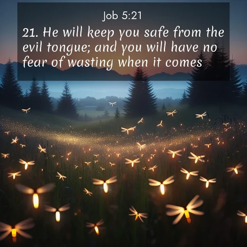 BasicEnglish Job  ; image nature: image with the bible verse :He will keep you safe from the evil tongue; and you will have no fear of wasting when it comes. ; Browse Bible images illustrated by desert landscapes, with endless skies, golden dunes, and isolated palm trees. These images evoke the calm and grandeur of God&#039;s creation. Download inspiring verses like KJV Job 5:21. Current verse is overlayed with the thematic nature scene : Lightning bugs rise from summer meadows at dusk. Their lights dance like earthbound stars. ; 5:21