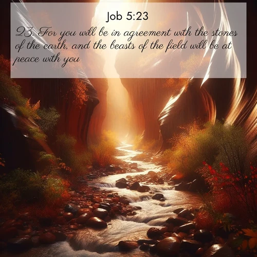 BasicEnglish Job  ; image nature: image with the bible verse :For you will be in agreement with the stones of the earth, and the beasts of the field will be at peace with you. ; Admire Bible verse images featuring tranquil rivers, golden fields, and starry heavens. These free-to-download images make inspiring wallpapers or thoughtful gifts. Download KJV Job 5:23 now. Current verse is overlayed with the thematic nature scene : Autumn rain creates temporary streams in slot canyons. ; 5:23