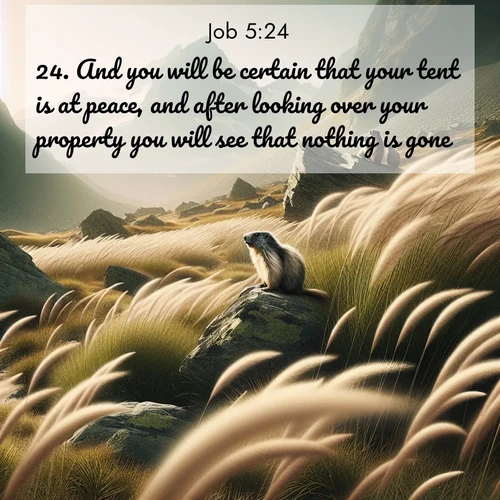BasicEnglish Job  ; image nature: image with the bible verse :And you will be certain that your tent is at peace, and after looking over your property you will see that nothing is gone. ; Browse an inspiring gallery of Bible verse images with nature photos, such as blooming gardens, golden deserts, and shaded forests. The chosen images capture the peaceful and joyful essence of God&#039;s creation, with vibrant colors and harmonious fonts. Share verses like KJV Job 5:24. Current verse is overlayed with the thematic nature scene : Mountain meadow grasses bend in alpine wind. Marmots whistle warnings from rocky outcrops. ; 5:24