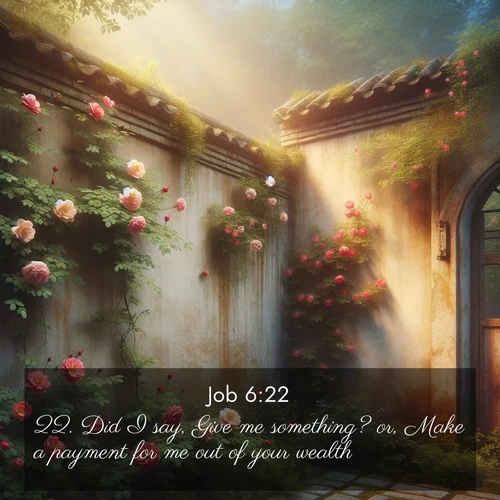 BBE Job 6:22 overlaying nature image scene: Wild roses climb abandoned walls. Time stands still in secret gardens.;22. Did I say, Give me something? or, Make a payment for me out of your wealth?
