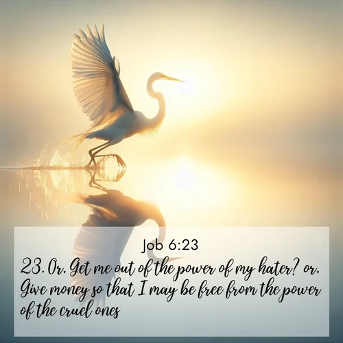 BBE Job 6:23 overlaying nature image scene: A great egret lifts from mirror-still water. Sunrise sets its wings ablaze.;23. Or, Get me out of the power of my hater? or, Give money so that I may be free from the power of the cruel ones?
