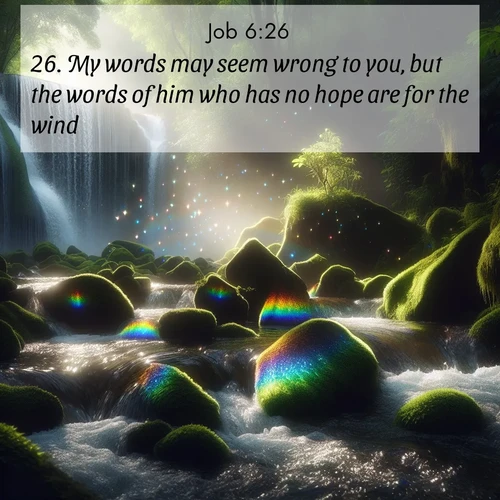 BBE Job 6:26 overlaying nature image scene: Rainbow prisms dance in a waterfall's spray. Moss glows emerald in filtered light.;26. My words may seem wrong to you, but the words of him who has no hope are for the wind.
