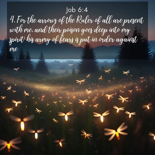 BBE Job 6:4 overlaying nature image scene: Lightning bugs rise from summer meadows at dusk. Their lights dance like earthbound stars.;4. For the arrows of the Ruler of all are present with me, and their poison goes deep into my spirit: his army of fears is put in order against me.
