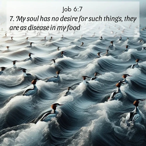 BBE Job 6:7 overlaying nature image scene: Wild mergansers ride river rapids. Their wakes create endless patterns.;7. My soul has no desire for such things, they are as disease in my food.
