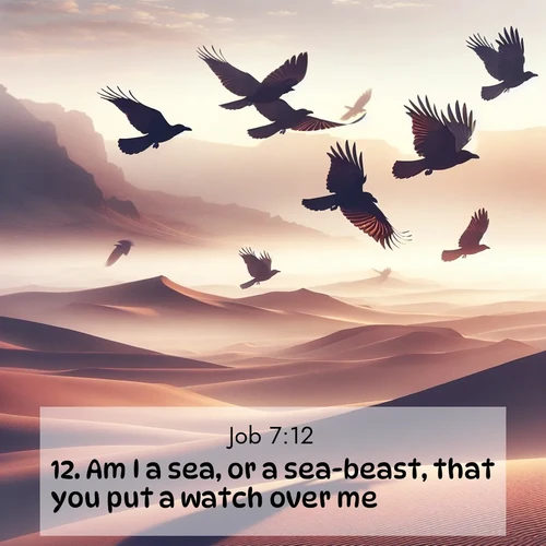 BBE Job 7:12 overlaying nature image scene: Desert ravens soar on thermal currents. Their wings wear shadows like cloaks.;12. Am I a sea, or a sea-beast, that you put a watch over me?