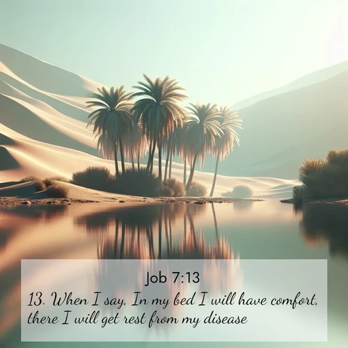 BBE Job 7:13 overlaying nature image scene: A desert oasis shimmers in the midday heat, palm fronds rustling above still waters.;13. When I say, In my bed I will have comfort, there I will get rest from my disease;