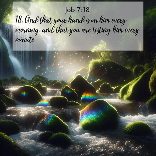 BBE Job 7:18 overlaying nature image scene: Rainbow prisms dance in a waterfall's spray. Moss glows emerald in filtered light.;18. And that your hand is on him every morning, and that you are testing him every minute?
