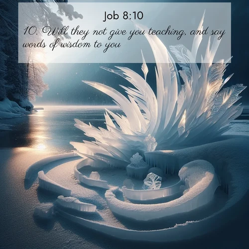BasicEnglish Job  ; image nature: image with the bible verse :Will they not give you teaching, and say words of wisdom to you? ; Explore Bible verses paired with beach photos, where waves gently crash on the sand and the sky glows with pastel hues at sunset. These scenes convey deep serenity. Download verses like KJV Job 8:10. Current verse is overlayed with the thematic nature scene : Winter ice forms abstract sculptures along a lake shore. ; 8:10