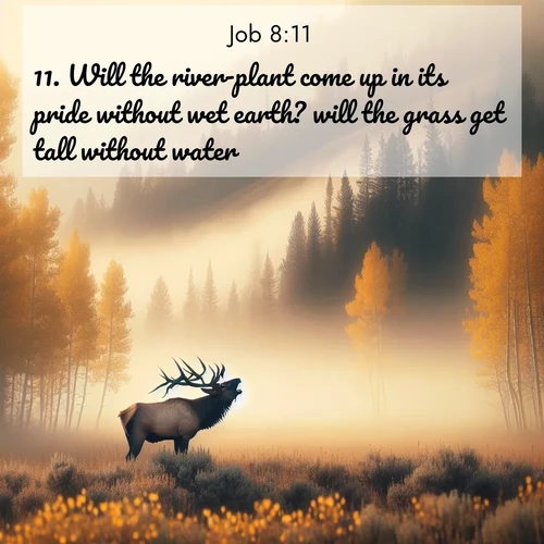 BBE Job 8:11 overlaying nature image scene: A bull elk bugles across a misty valley. Aspen leaves quake golden in response.;11. Will the river-plant come up in its pride without wet earth? will the grass get tall without water?