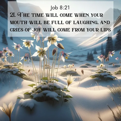 BBE Job 8:21 overlaying nature image scene: Wild columbines nod in alpine breeze. Glacier lilies dot snowy meadows.;21. The time will come when your mouth will be full of laughing, and cries of joy will come from your lips.
